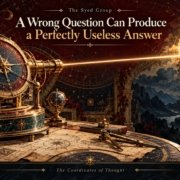 Systems-thinking artwork by Syed Raheel Shahzad showing a precise intellectual instrument aimed at the wrong destination, representing how a wrong question can produce a useless answer