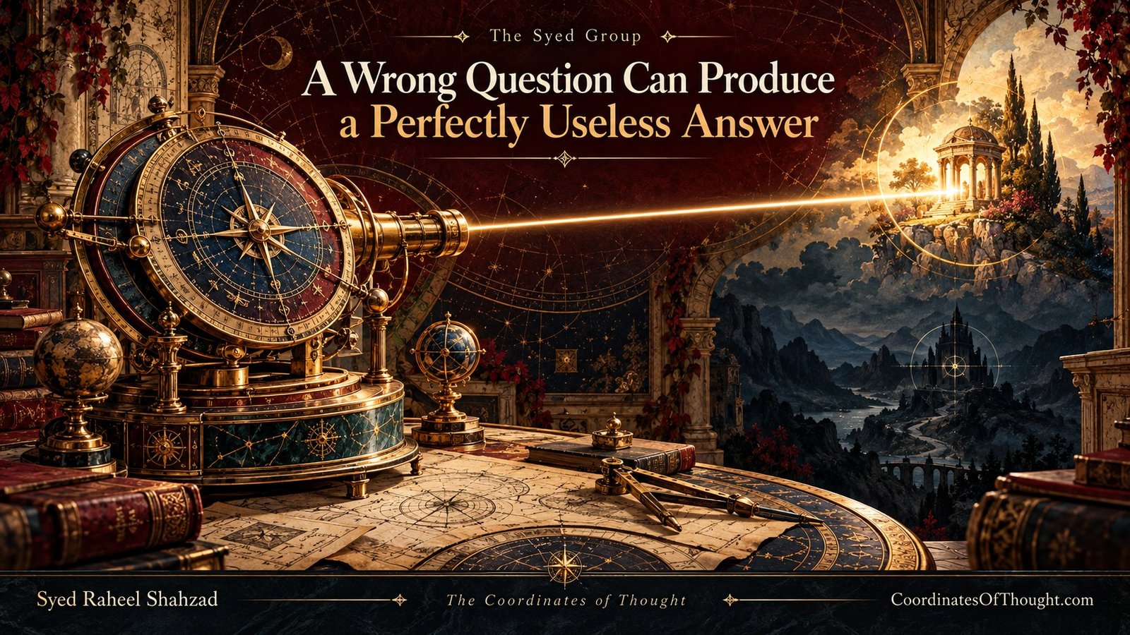 Systems-thinking artwork by Syed Raheel Shahzad showing a precise intellectual instrument aimed at the wrong destination, representing how a wrong question can produce a useless answer